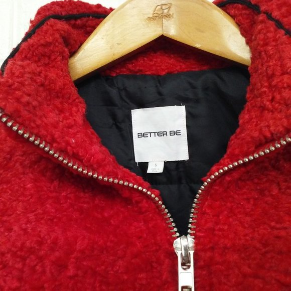 Y2K Cropped Bomber Jacket Pockets Faux-Fur Red - Picture 7 of 13